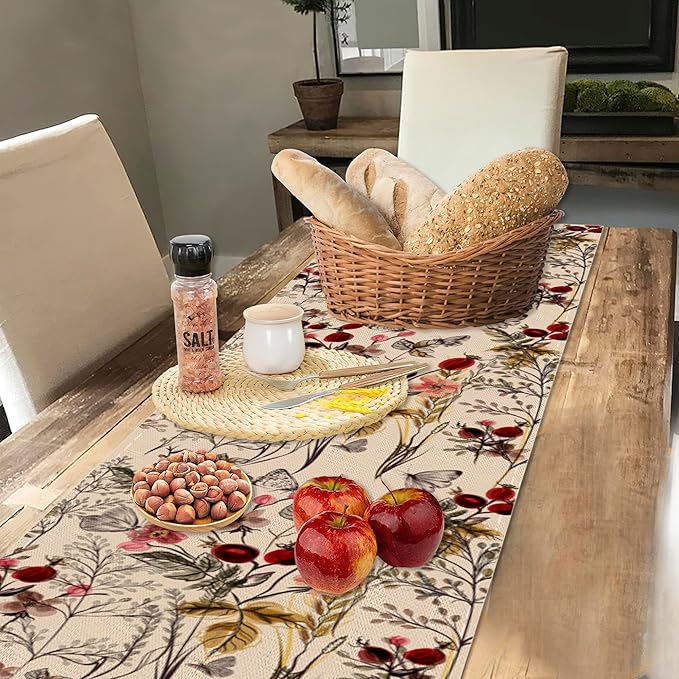 Table Runner Vintage Flower Butterfly Table Runners Summer Seasonal Kitchen Dinning Decor for Indoor Outdoor Holiday Home Wedding Party 13x70 Inch