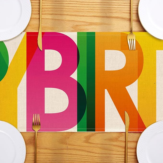 Happy Birthday Table Runner Colorful 13x72 Inch Polyester Linen Table Decoration for Kitchen Dinning, Indoor Outdoor Home Party Desktop Decor (Colorful)