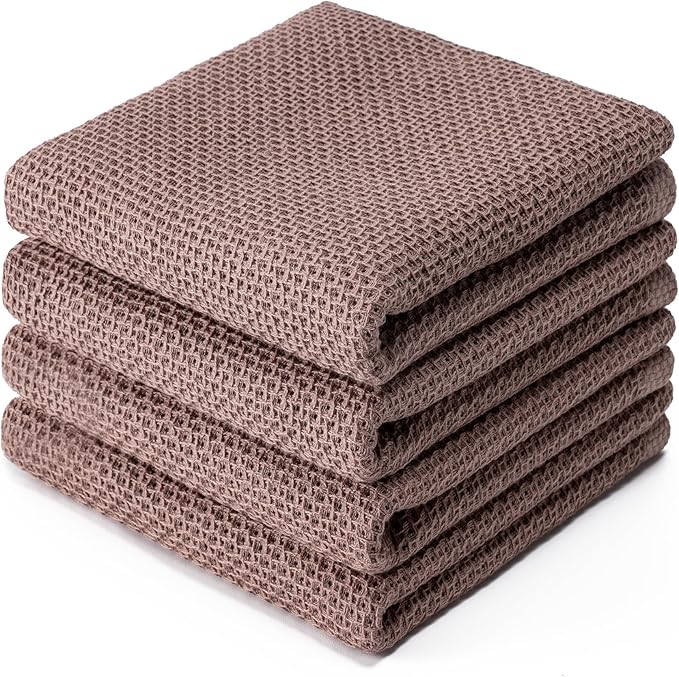 BOOMIBOO 4-Pack Dish Towels, 100% Cotton Waffle Weave, Ultra Soft Absorbent, Quick Drying, Brown, 13x28 Inches
