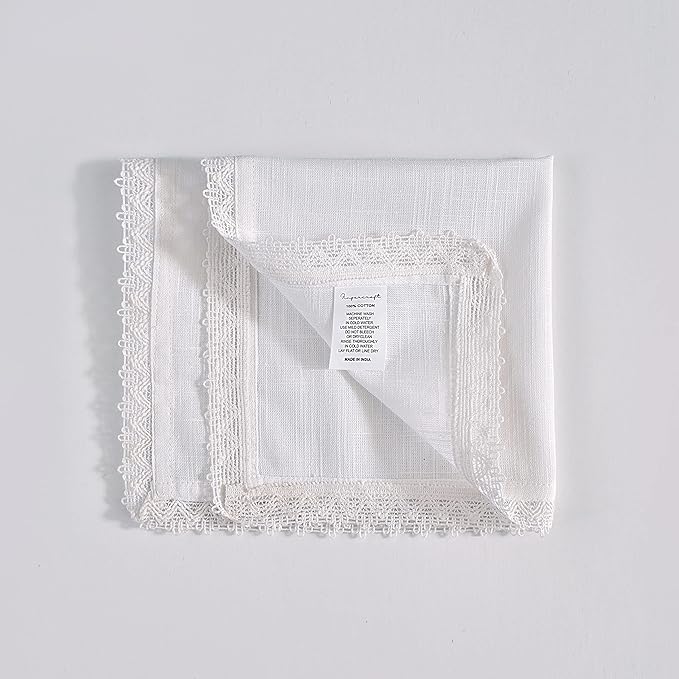 FINGERCRAFT Dinner Cloth Napkins in 100% Cotton, 12 Pieces Small Table Napkin Cloth,12 inches, Mitered Corners for Every Day Use Christmas Napkins Cloth Good Absorbency Lace White Easter Color