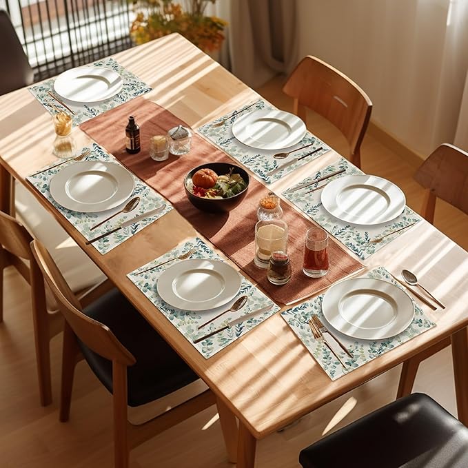 Green Floral Placemats Set of 6 - Botanical Sage Green Table Mats, Washable Heat Resistant for Kitchen Dining, Indoor Home Decor