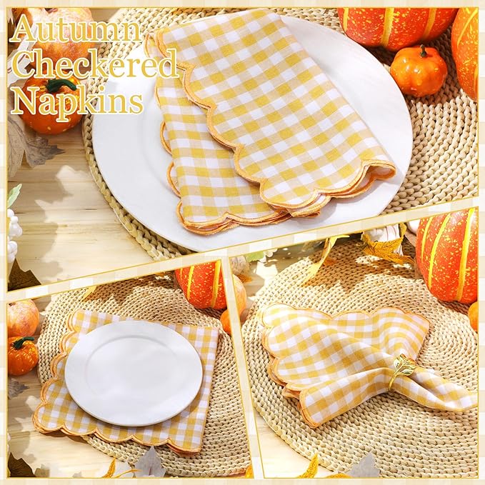 SmoothNovelty 12 Pack Buffalo Plaid Cloth Napkins 18x18 Inch Spring Checkered Cloth Napkins Scalloped Soft Cotton Table Mat Washable Reusable for Dinner Wedding Birthday Parties (Classic,Orange)