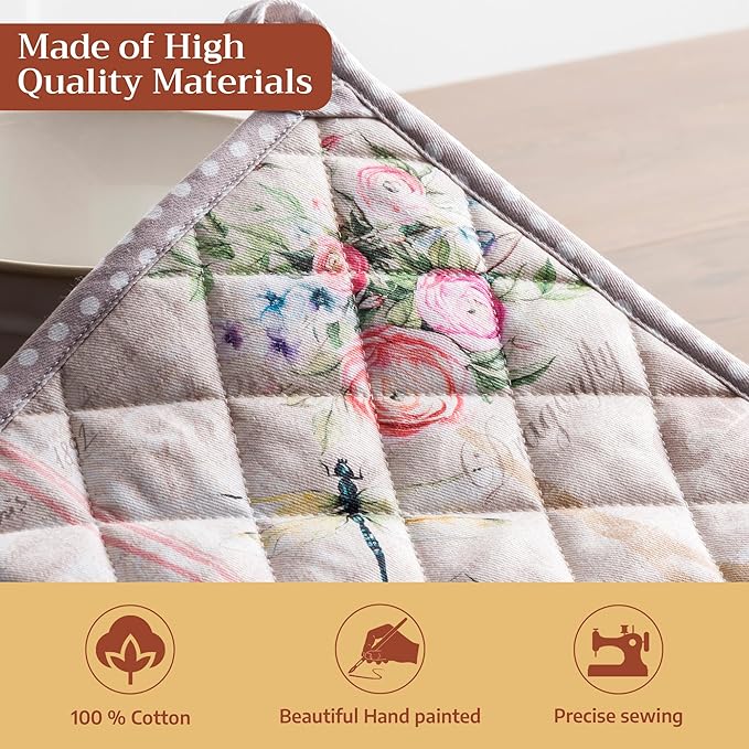 Maison d' Hermine Pot Holders 100% Cotton Heat Resistant Potholders 8" x 8" Hot Pads with Loop BBQ Cooking Baking Gifts for Mothers Day Handling Hot Pans Spring/Summer (Pack of 1, Champ De Mars)