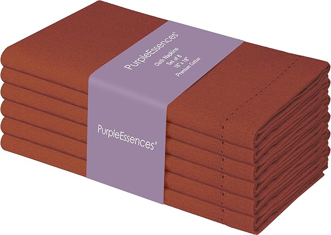 PurpleEssences Rust Set of 6 Hemstitch Cloth Dinner Napkins 100% Cotton - Soft Durable Washable - Ideal for Wedding Spring Easter Summer - Perfect Everyday Use Table Linen 18x18 - Rust