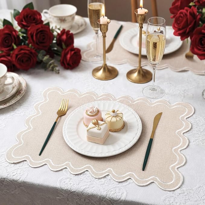 Linen Placemats Set of 12 Scalloped Placemat 13 X19 Wavy Embroidery Double Layered Washable Farmhouse Dinner Fabric Table Mat Napkin for Wedding Party Christmas Hotel Restaurant(Cream)