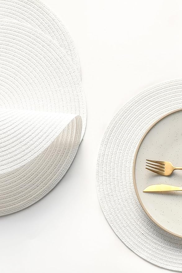 Floroom 15 Inch Round Braided Placemats Set of 4, Washable Heat Resistant Cotton Polyester Circle Place Mats for Kitchen Dining Table - White