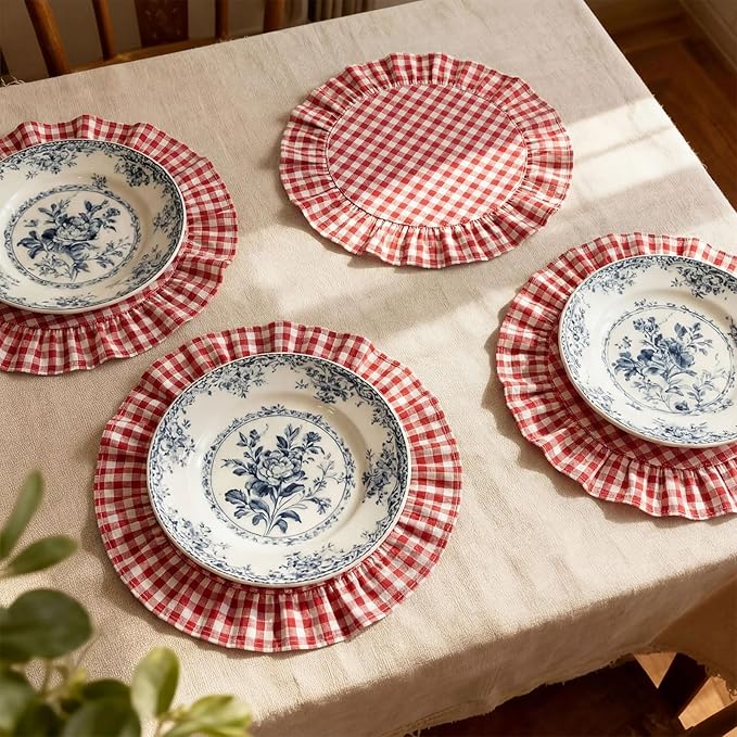 4 Pcs 15 Inch 100% Cotton Scalloped Round Placemats, Thin Retro Red Gingham Place Mats with Ruffle, Washable Placemats Table Mats for Kitchen Dining Holiday Gatherings Decor