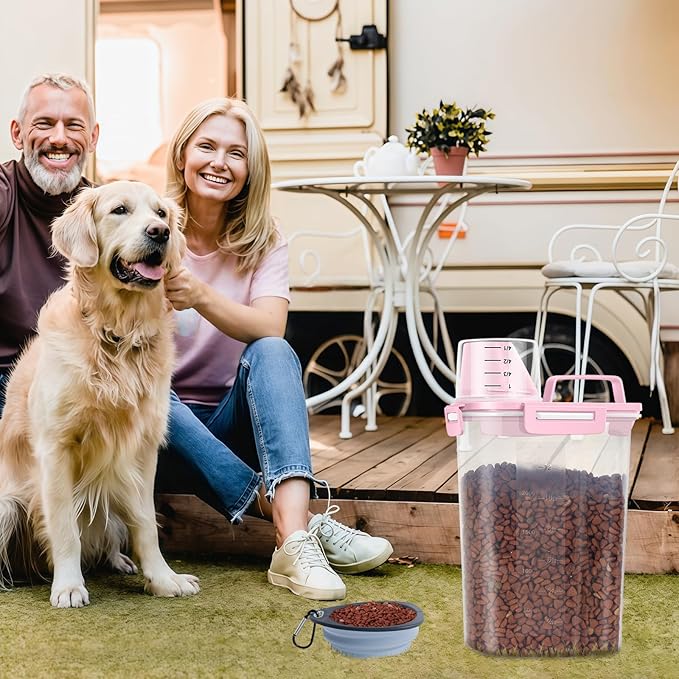 LEAWALK 3-5Lbs Airtight Small Cat Dog Pet Food Storage Containers BPA Free, with Large Pour Spout/1 Measuring Cup/ 4 Safety Locks and Double-layer Silicone Strip (Pink 2Pack)