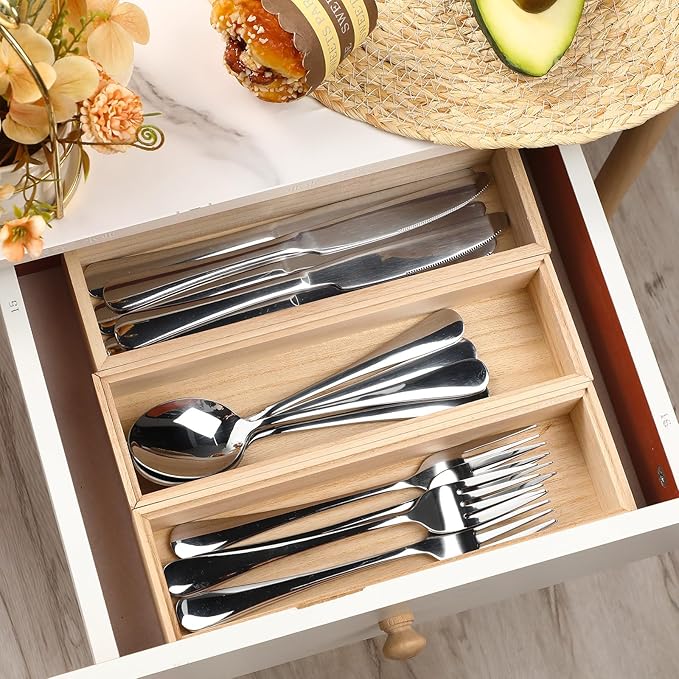 Baderke 3 Pcs Bamboo Drawer Organizer 10 x 3 x 2'' Kitchen Silverware Organizer Tray Long Stackable Storage Box Wooden Utensil Holder with Silverware Set for Kitchen Bathroom Cabinet(Natural)