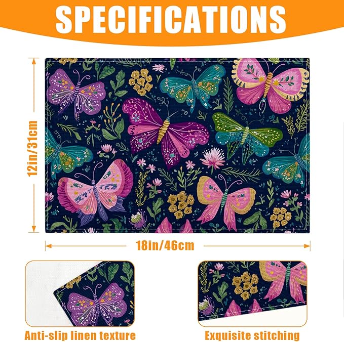 Butterfly Floral Vintage Placemats Set of 6,12 x 18 Inch Table Mats Washable Heat Resistant Linen Fabric Rectangle Place Mat for Party Home Kitchen Dining