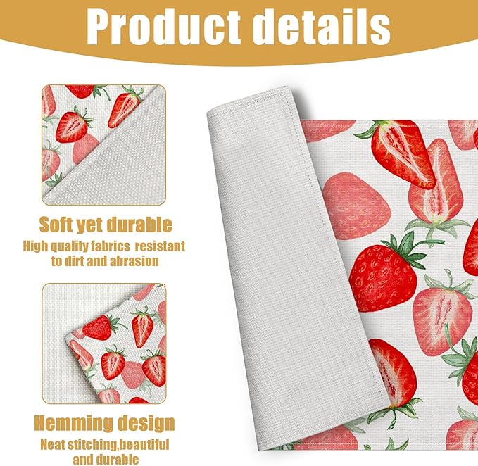 Watercolor Strawberry Placemats Set of 6, Linen Place Mat Washable Stain Resistant Table Mats for Farmhouse Kitchen Dining Holiday Party Wedding Decor 12x18 Inch