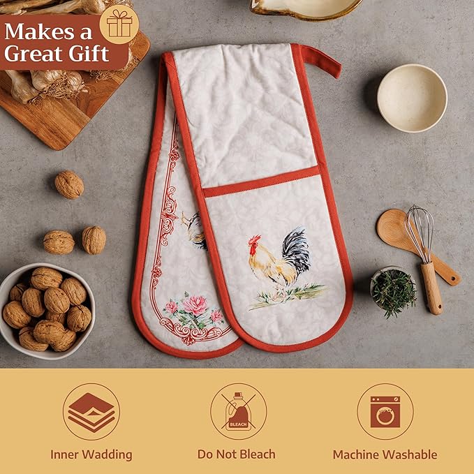 Maison d' Hermine Double Oven Mitts 100% Cotton 7"x35" Double Oven Mitt Heat Resistant BBQ Cooking Gloves with Loop Baking Grilling Gifts for Mothers Day Spring Summer (Campagne)