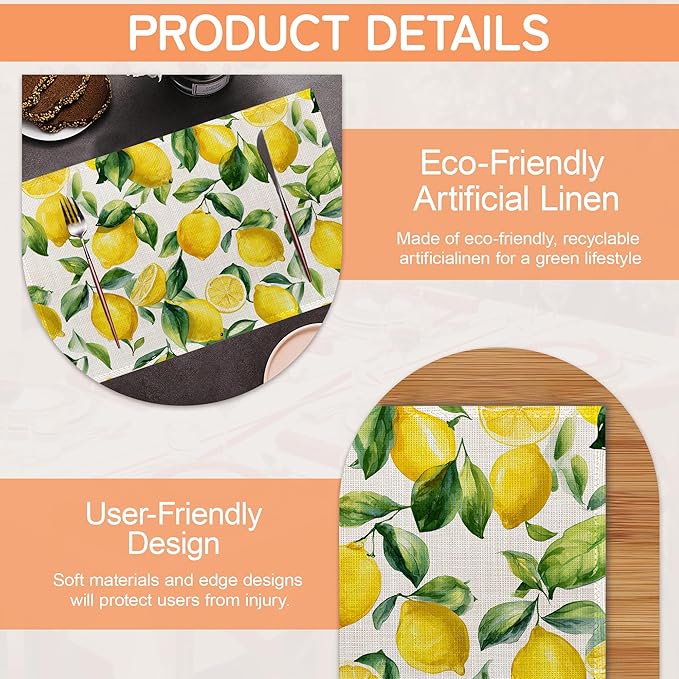 Lemon Placemat Set of 6,Heat Resistant Linen Table Mats for Indoor Outdoor Home Kitchen Dining Room Table 12x18Inch