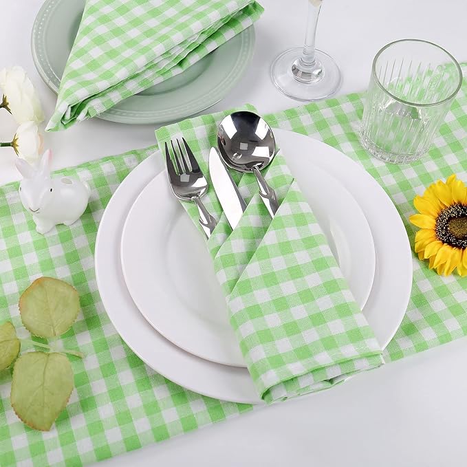 Buffalo Plaid Cloth Napkins Set of 6, 18 x 18 Inches Green White Cotton Washable Table Napkins, Reusable Gingham Cloth Dinner Napkins for Weeding, Parties, Thanksgiving, Christmas, Kitchen Dining