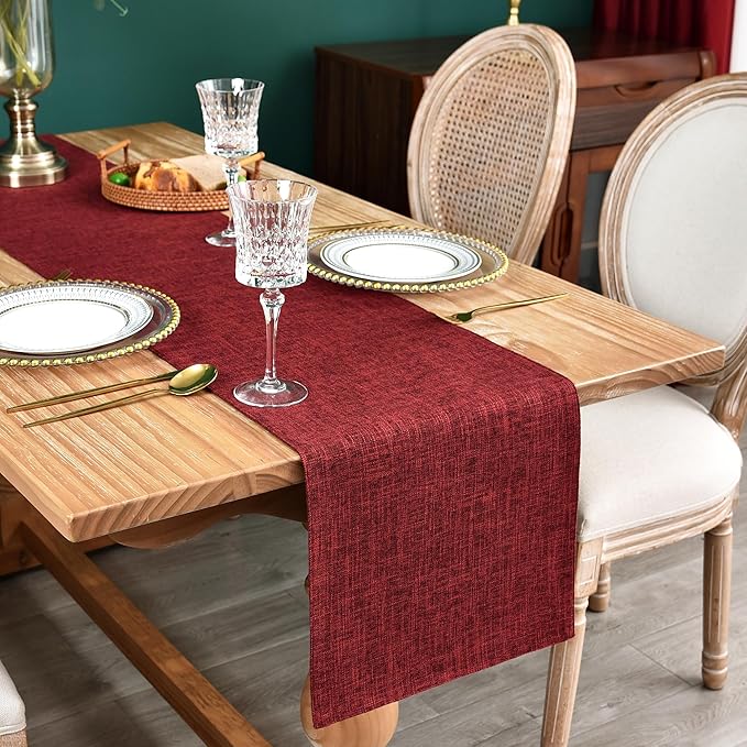 Farmhouse Rustic Faux Linen Table Runner Neutral Burgundy Table Runners Double Layer Reversible Rectangle Runners for Daily Use Kitchen Dining Banquet Holiday 13x72 Inch