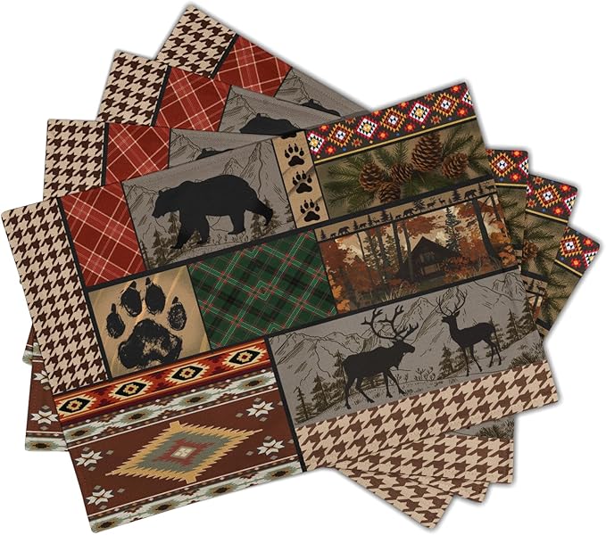 Rustic Lodge Bear Deer Placemats Set of 4, 12x18 Inch Vintage Cabin Pine Cone Wild Animal Place Mats Boho Style Country Heat Resistant Table Mats for Holiday Party Kitchen Dining Table