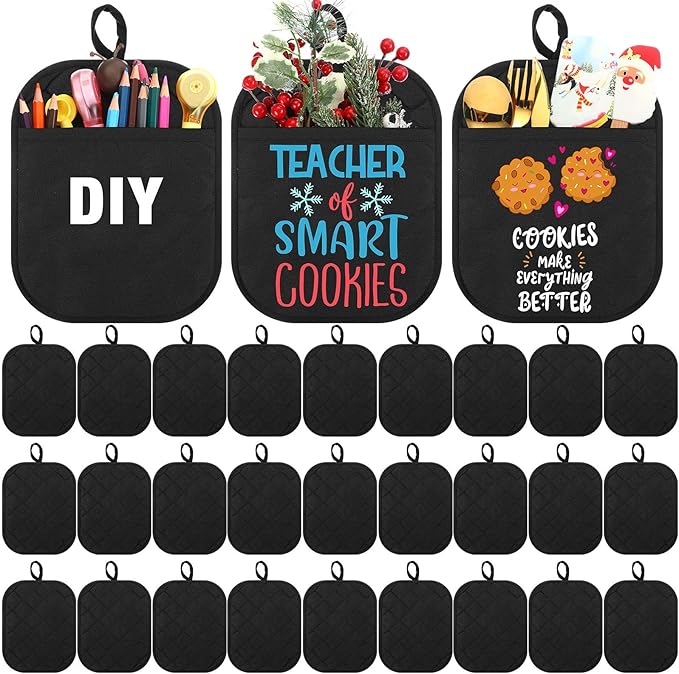 Hoolerry 30 Pieces Pot Holders with Pocket Sublimation 7x9'' Cotton Oven Pot Holders Bulk with Hanging Loops Pads for Kitchen Cook Baking (Black)