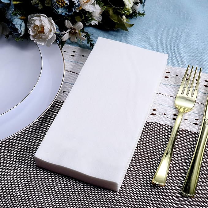 FOCUSLINE 100 Disposable Bathroom Napkins, Linen-Feel Paper Guest Towels, Soft and Absorbent Paper Hand Towels Party Napkins for Bathroom, Kitchen, Dinner, or Event, White, 12" x 17"