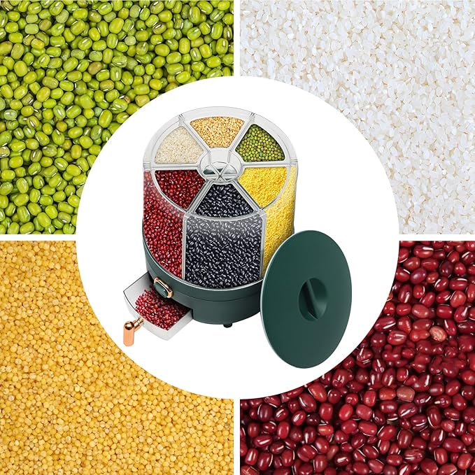 360° Rotating Grain Dispenser With 6 Grids, 13.2lbs Large Capacity Grain Dispenser Rotating Kitchen Storage Containers With Sealed Lid For Peanut Barley Millet And Cereal (Green, 14.3 lbs)