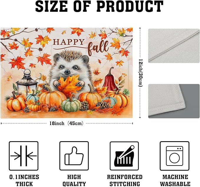 Happy Fall Linen Place Mat 4pc Hedgehogs Pumpkin Printed Placemat Washable Decoration for Home Season Table Decor