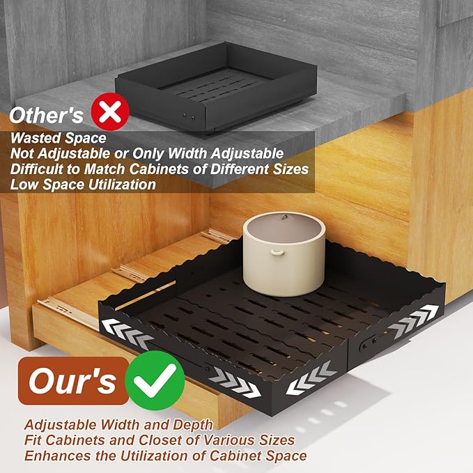 Expandable Pull Out Cabinet Organizer - Adjustable Width 12-18" & Depth 13-23", 3-Rail Heavy Duty Slide Out Drawer, No-Drills Adhesive Mount, Fits Lip & Lip-Free Cabinets(Black)