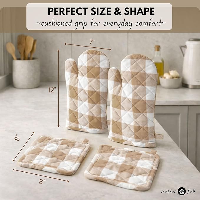 Native Fab Buffalo Plaid Check Oven Mitts and Pot Holders Set of 4, 100% Cotton Heat Resistant Kitchen Gloves, 2 Oven Mitts (7x13), 2 Pot Holders (8x8) for Cooking & Baking, Beige White