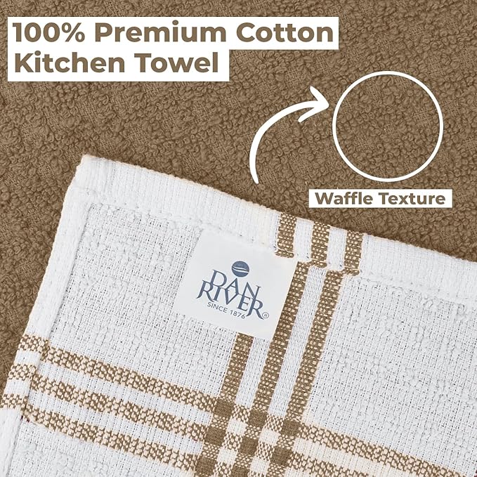 DAN RIVER Premium Kitchen Towels - [Pack of 12] 100% Cotton (16x 26 Inches) -Super Soft,Highly Absorbent, Quick Dry, Dish Towels for Kitchen Towels -Tan