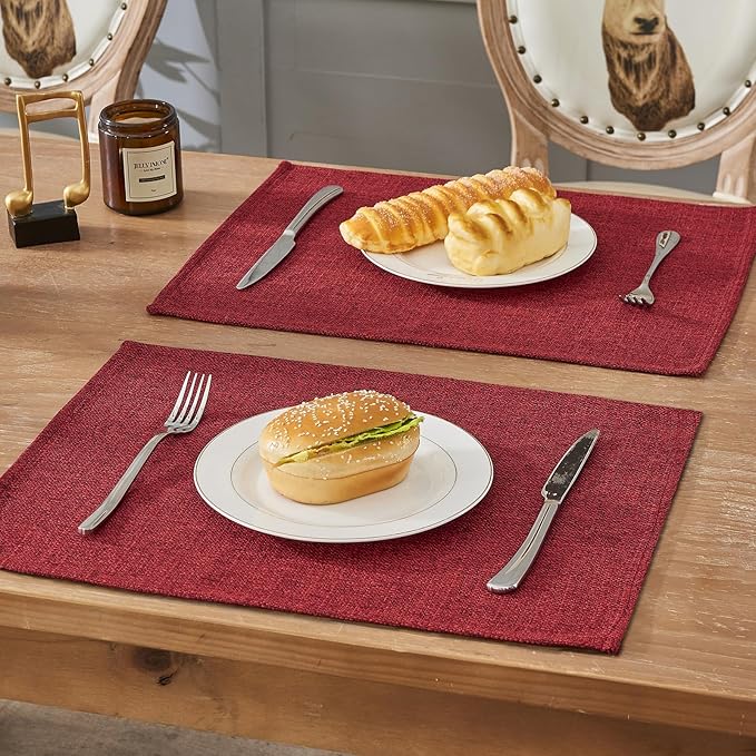 BALCONY & FALCON Placemats Set of 4 Faux Linen Cloth Place Mats Washable Waterproof Wrinkle Resistant Table Placemats for Dining Kitchen Farmhouse Indoor & Outdoor Use(Ruby Red, 13.8”x 17.7”