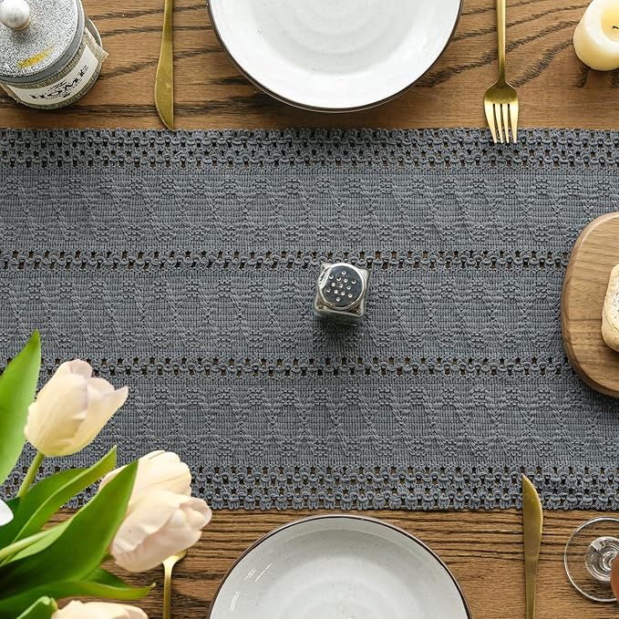 Artoid Mode Dark Grey Farmhouse Woven Rustic Hollow Table Runner, Seasonal Holiday Hollow Kitchen Dining Table Decoration for Home Party Decor 12x90 Inch