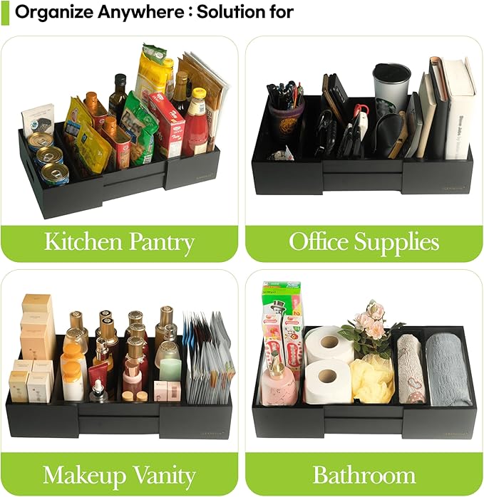 CLEANCLUE Expandable Kitchen Cabinet Organizer for Food Storage Container Lids, Bamboo Drawer Caddy Adjustable Dividers, Box for Kitchen Storage and Organization, Lids Organizer for Cabinet (Black)