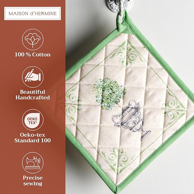 Maison d' Hermine Pot Holders 100% Cotton Heat Resistant Potholders 8" x 8" Hot Pads with Loop BBQ Cooking Baking Gifts for Mothers Day Handling Hot Pans Spring/Summer (Pack of 1, Jardin Du Roy)