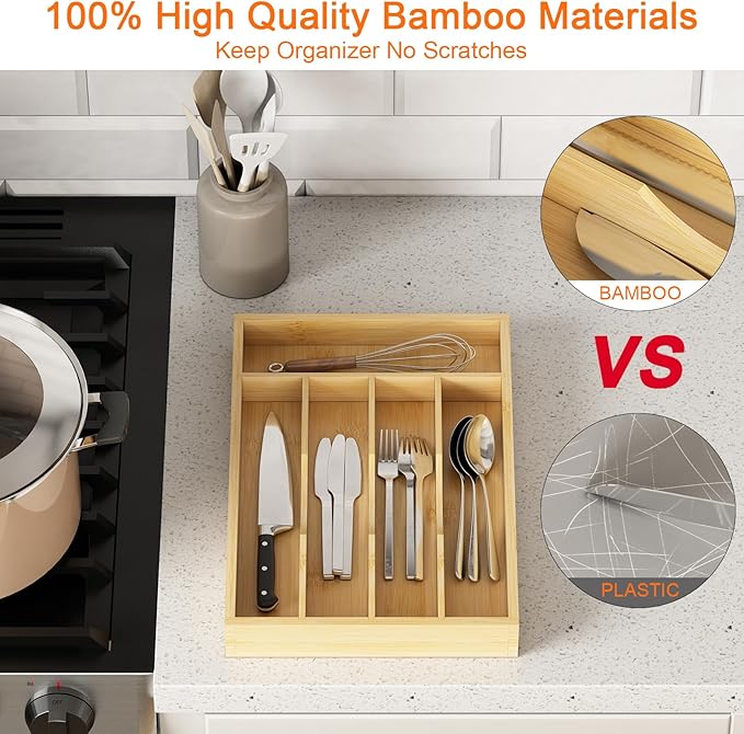 Youpehom Bamboo Utensil Organizer for Kitchen Drawers, Utensil Tray and Cutlery Silverware Holder,Wood Drawer Dividers with 5 Slots