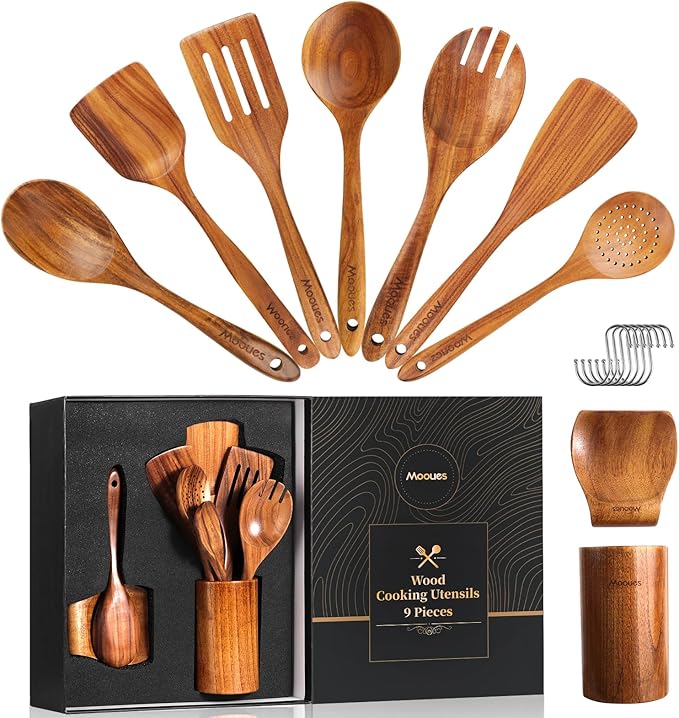 Wooden Spoons for Cooking, 9 PCS Teak Wood Cookware Utensil Set - Smooth Finish, Non-Stick, Comfortable Grip, Heat Resistant Kitchen Utensils Gift Box