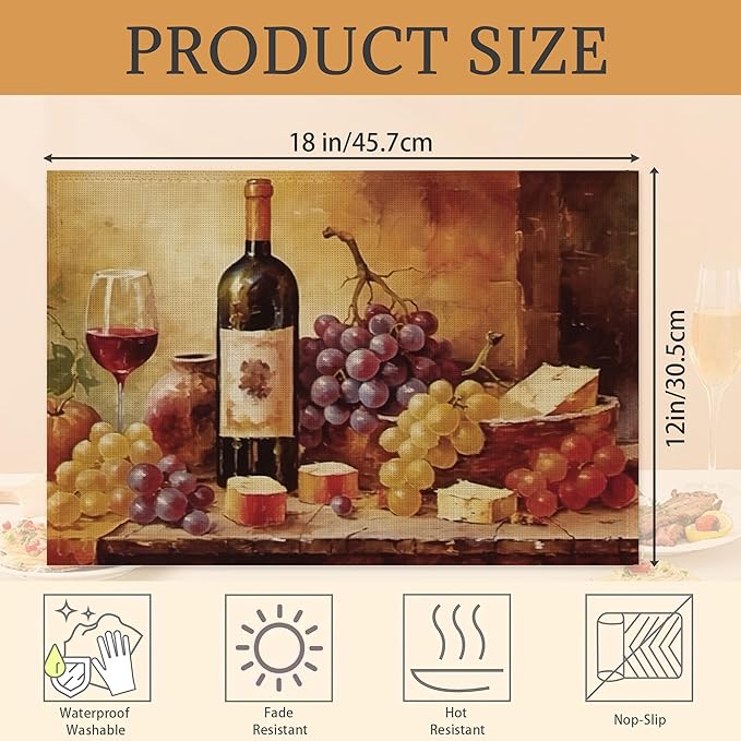 Placemats Set of 6,Retro Wine Bottles Glasses and Grapes Linen Place Mats,Modern Washable Table Placemats 12"x18" Heat Resistant Table Mats for Dining Kitchen Party Holiday Decoration
