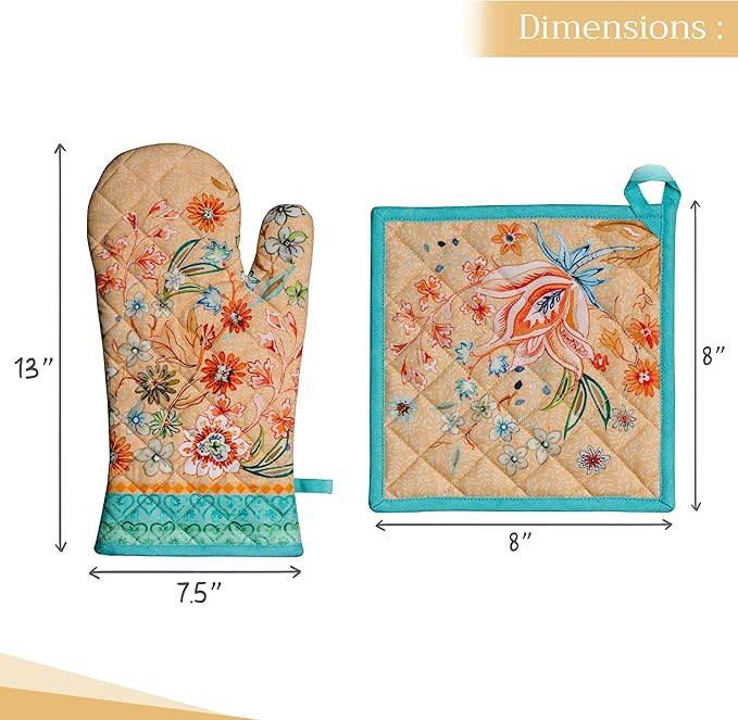 Maison d' Hermine 100% Cotton Oven Mitt & Pot Holder Set (7.5"x13" & 8"x8") Heat Resistant BBQ Cooking Gloves with Loop Grilling Kitchen Gifts for Mothers Day Spring/Summer (Luxury Loft - Peach)
