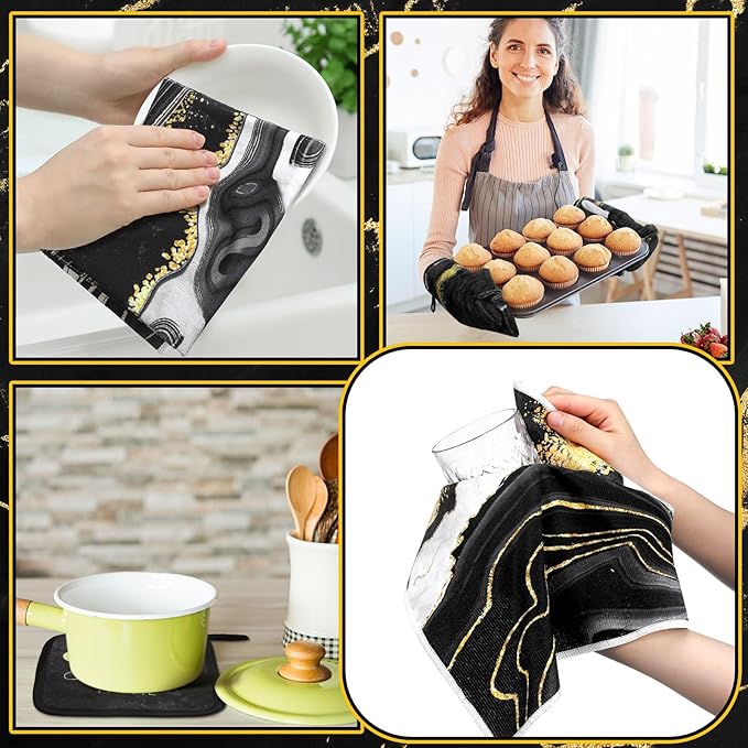 Fourluoo 10 Pcs Marble Farmhouse Kitchen Decor Accessories Set Marble Kitchen Dish Towels Rugs Oven Mitts and Pot Holders Sets for Cooking Baking(Black Gold,Modern)