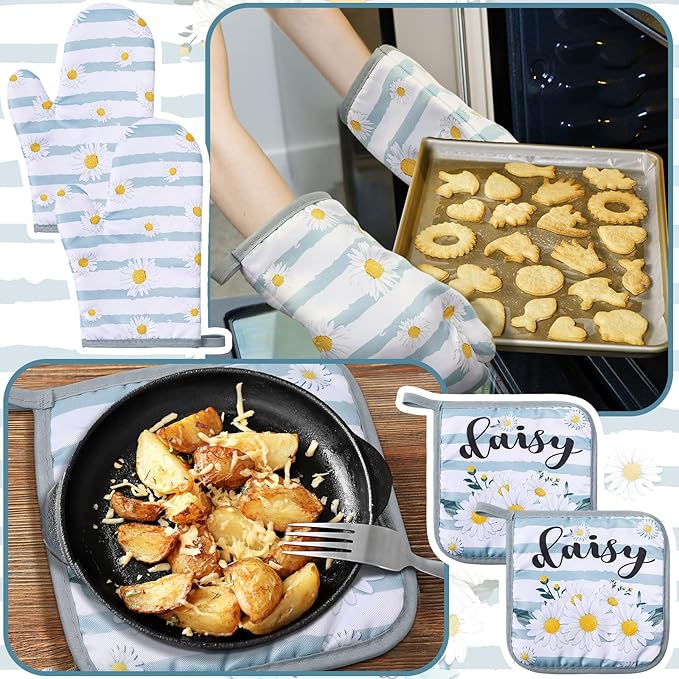 Bencailor 6 Pcs Daisy Kitchen Decor Blue Towels Daisy Pot Holders and Oven Mitts Sets for Farmhouse Kitchen Decor Summer Flower Home Decoration Housewrming Gifts