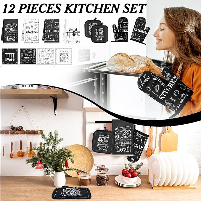 Bencailor 12 Pcs Farmhouse Kitchen Decor and Accessories Sets 4 Black and White Kitchen Towels 4 Absorbent Dishcloths 2 Pot Holders 2 Oven Mitts Gloves for Home Decor Mom Gifts