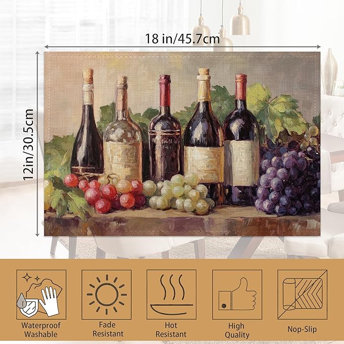 Placemats Set of 6,Retro Red Wine Table Mats, Grapes Glass Cup Washable Linen Table Mats,Non-Slip Heat Resistant Placemats for Party Kitchen Dining Indoor Outdoor 12"x18"