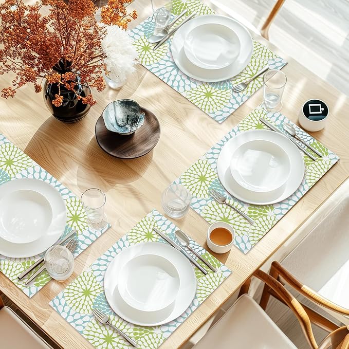Cotton Linen Waterproof Placemats Set of 4, Blue Teal Flowers Dining Mat Boho Table Mats Decor Fabric for Kitchen Dinner Coffee Shop Table, Indoor/Outdoor Washable Wipeable Placemat -N022