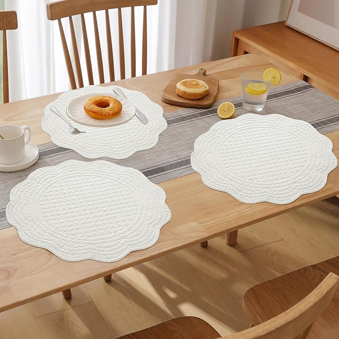 HOMBYS Quilted Placemats Set of 6 Washable Round Placemats for Kitchen Table-100% Cotton Fabric 14 Inch Round Table Mats, Cotton Fabric with Microfiber Filling, (14"x14", Cream White)