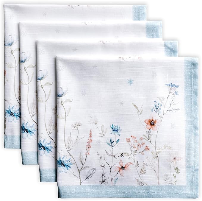 Maison d' Hermine Cloth Napkins Set of 4 100% Cotton for Thanksgiving Christmas Decorations Everyday Reusable Square Fall Napkins Cloth Washable Dinner Party (Ice Florals, 20"x20")