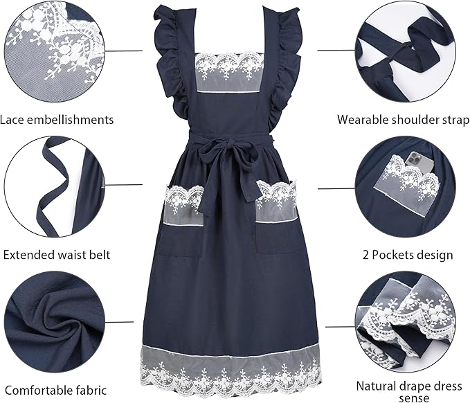 Aoomzoon Vintage Aprons for Women with Pockets Cute Lace Ruffle Adjustable Apron for Cooking Kitchen Baking Gardening