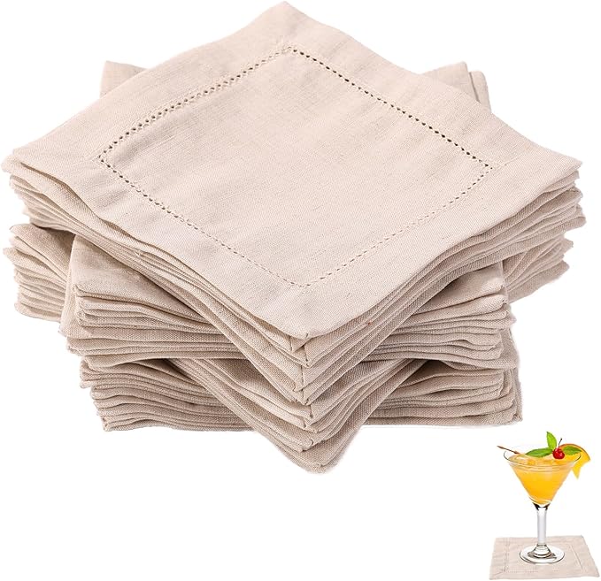 50pcs Beige Linen Cocktail Napkins, 6x6 Inch Reusable Cloth Napkins Washable for Drink Dinner Wedding Birthday Baby Shower Party Table Home Bar Supplies (Linen)