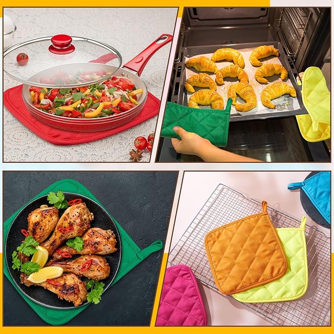 Bokon 12 Pcs Pot Holders for Kitchen, Multicolor Potholders Sets, Heat Resistant Cotton Hot Pad Oven Mitts Trivet with Hanging Loops for Baking Cooking