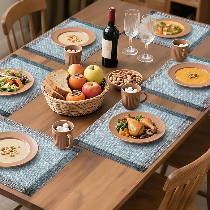 Bloss Blue Grey Ethnic Boho Placemats Set of 4-12x18Inch Table Mats Washable Heat-Resistant Place Mats for Dining Table, Easy to Clean Boho Farmhouse Placemats for Holiday Party Dining Table Decor