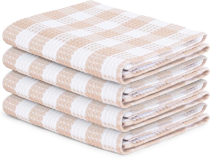 Blue Needles Set of 4 Waffle Weave Kitchen Towel, 15x25 Inches 100% Cotton Check Plaid Dish Towels for Kitchen, Soft & Absorbent for Quick Drying with Hanging Loop, Spring Summer - Beige & White