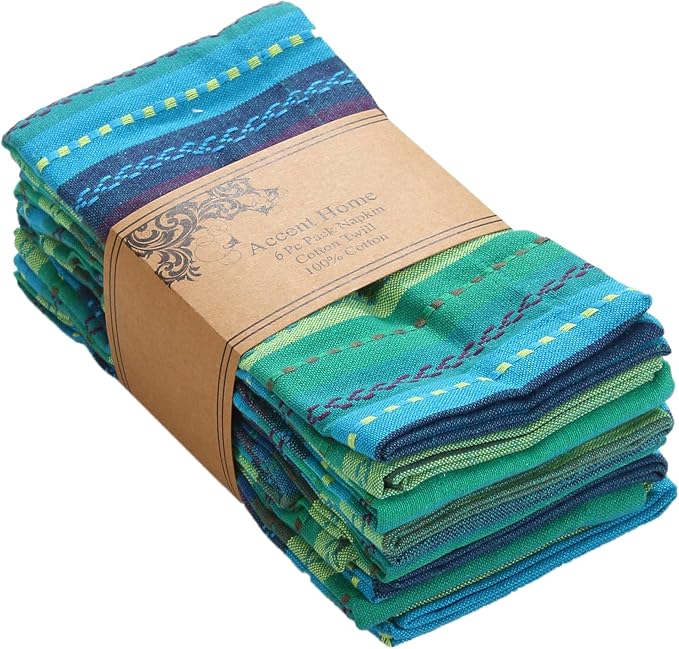 ACCENTHOME 100% Cotton Salsa Stripe Napkin Set of 6 18x18 inch Blue/Teal Multicolour Dinner Napkins -Washable Soft Premium Hotel Quality Napkins Perfect Table Linen for Family Dinners Weddings