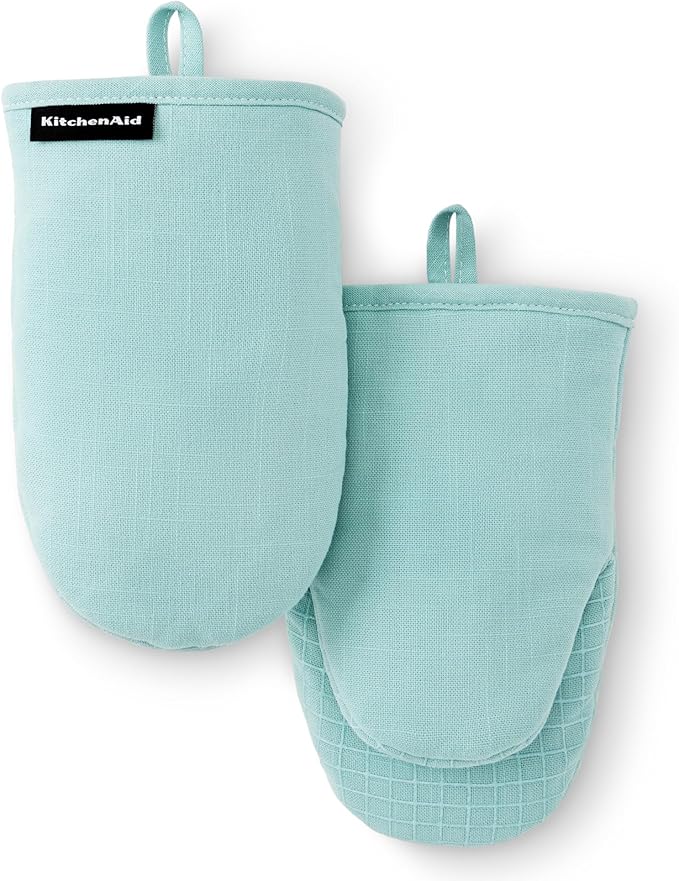 KITCHENAID Gourmet Series Gridlines Mini Oven Mitts 2-Pack Set, Heat Resistant up to 600°F, Soft Silicone Grip, Magnetic Cuff, Mineral Water Aqua, 5.5"x9"