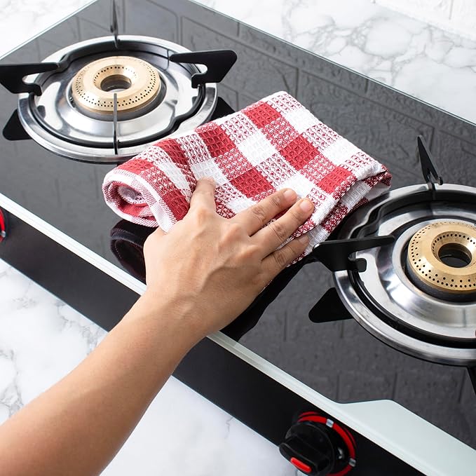 Blue Needles Set of 4 Waffle Weave Kitchen Towel, 15x25 Inches 100% Cotton Check Plaid Dish Towels for Kitchen, Soft & Absorbent for Quick Drying with Hanging Loop, Spring Summer - Burgundy & White